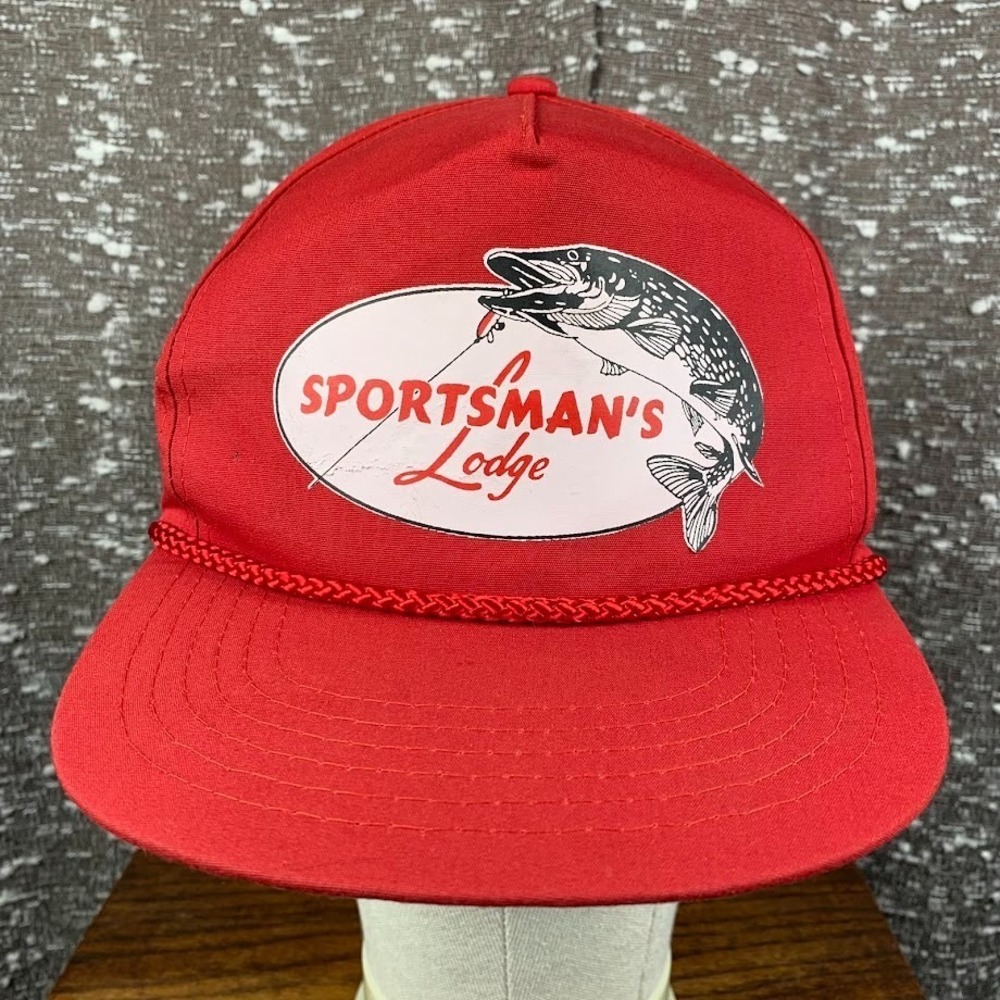 Vintage Sportsman's Lodge Red Snapback Hat Retro Rope Detail‎ Headline Headwear